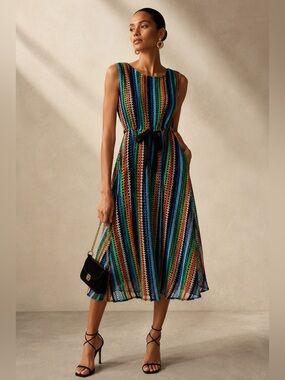 Eva Franco for Anthropologie Colorful Crochet Stripe Midi Dress Sleeveless 12